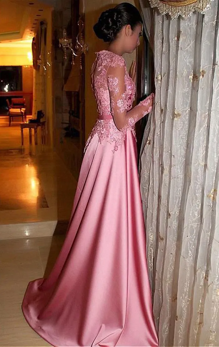 MACloth Long Sleeves Lace Satin Maxi Prom Dress Pink Formal Evening Gown