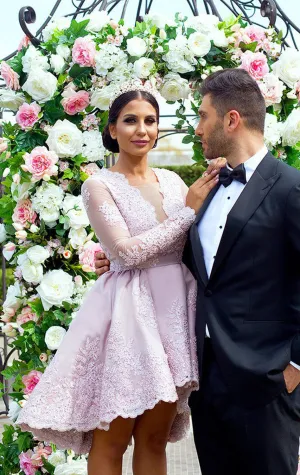 MACloth Long Sleeves V Neck Lace Cocktail Dress Satin Wedding Party Formal Gown