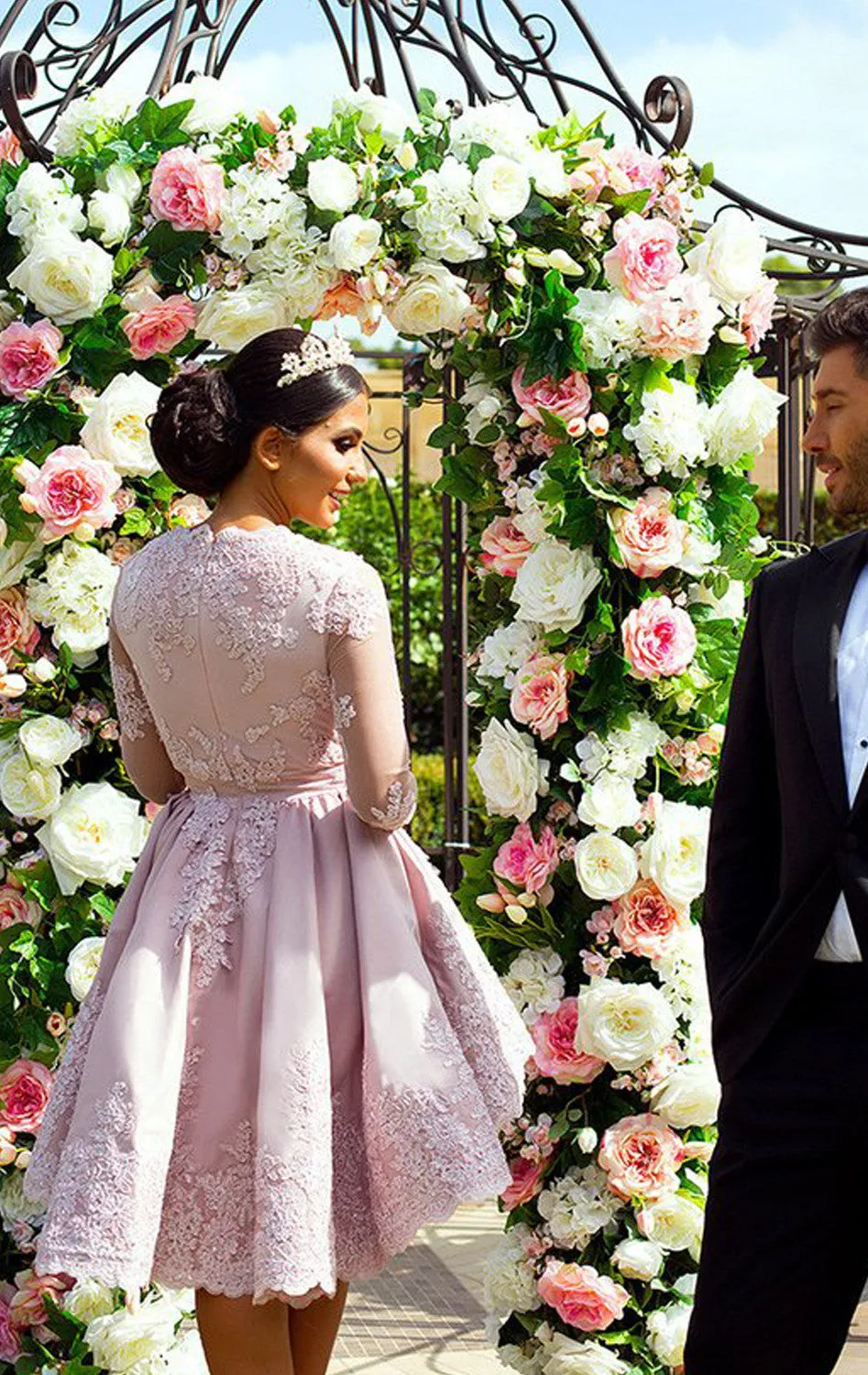 MACloth Long Sleeves V Neck Lace Cocktail Dress Satin Wedding Party Formal Gown