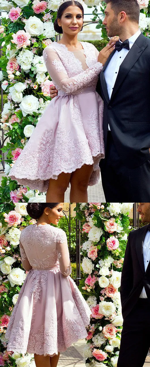 MACloth Long Sleeves V Neck Lace Cocktail Dress Satin Wedding Party Formal Gown