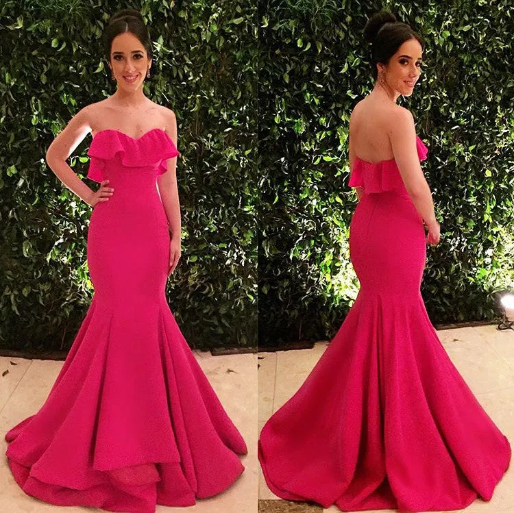 MACloth Mermaid Strapless Long Prom Dress Fuchsia Formal Evening Gown