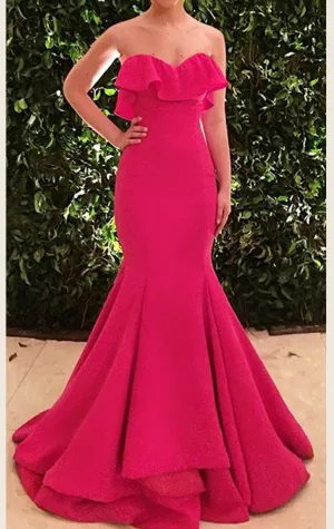 MACloth Mermaid Strapless Long Prom Dress Fuchsia Formal Evening Gown