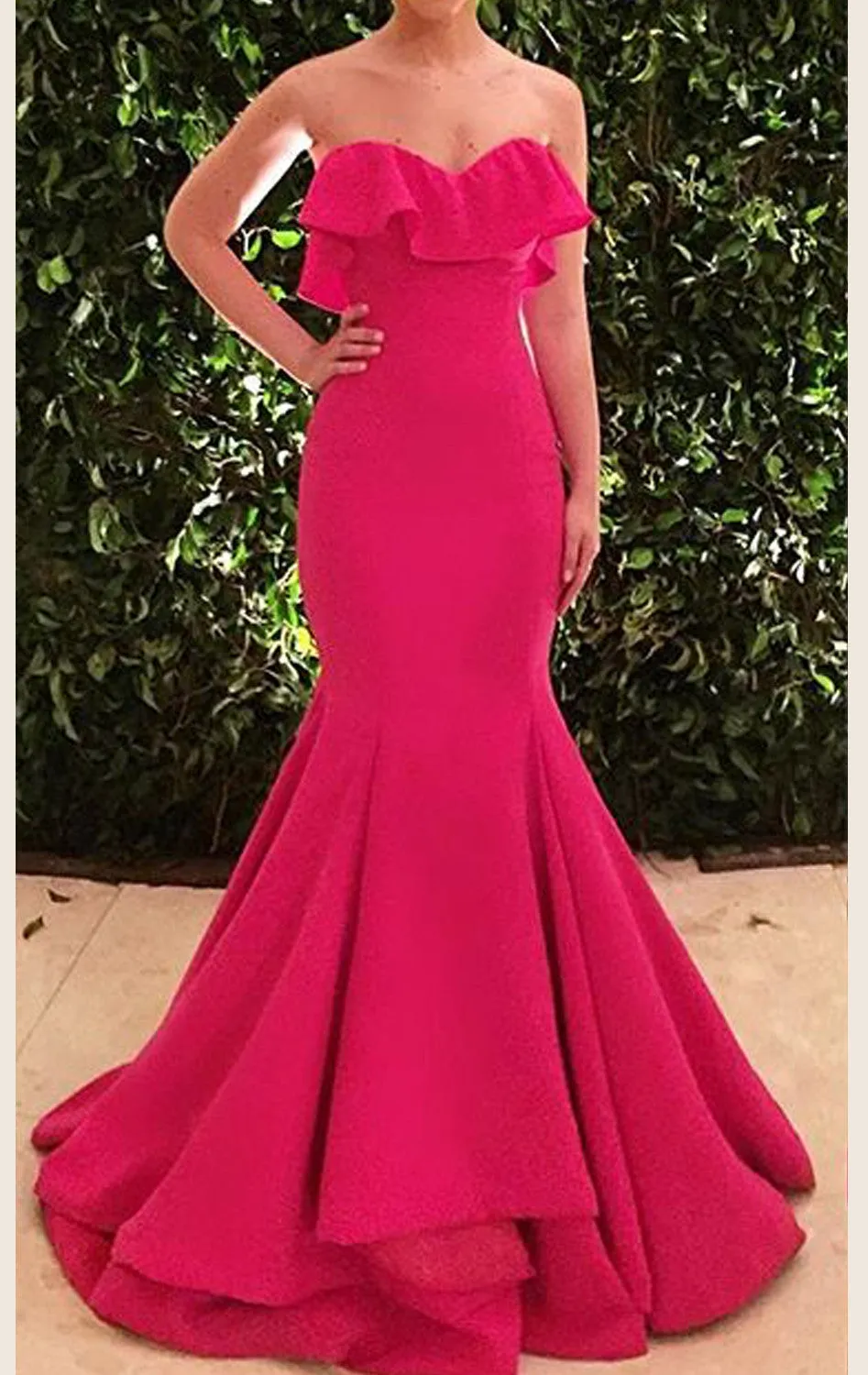 MACloth Mermaid Strapless Long Prom Dress Fuchsia Formal Evening Gown
