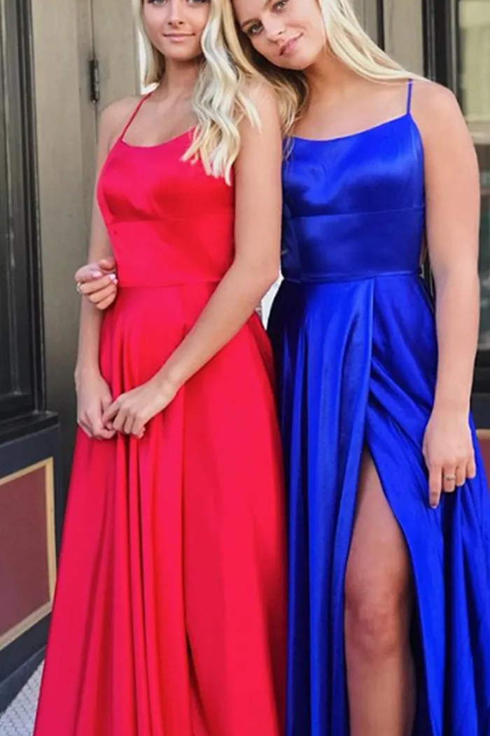 MACloth Spaghetti Straps Open Back Regency Prom Dress Satin Formal Evening Gown