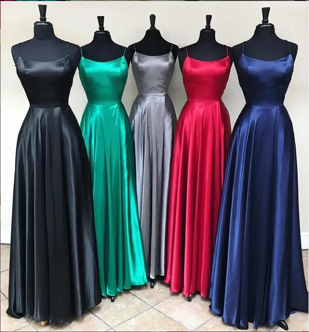 MACloth Spaghetti Straps Open Back Regency Prom Dress Satin Formal Evening Gown