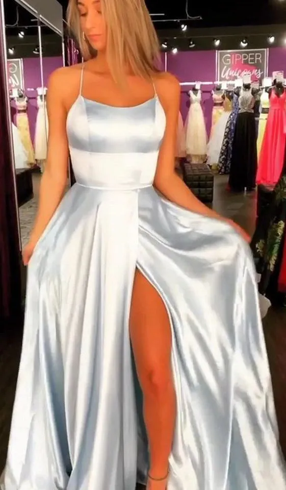 MACloth Spaghetti Straps Open Back Regency Prom Dress Satin Formal Evening Gown