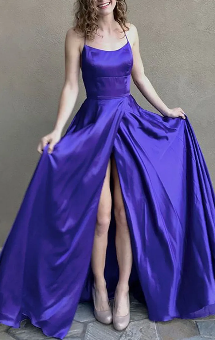 MACloth Spaghetti Straps Open Back Regency Prom Dress Satin Formal Evening Gown