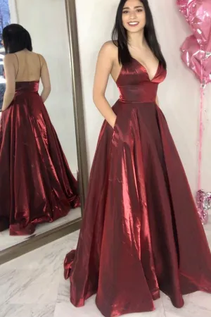 MACloth Spaghetti Straps V Neck Long Prom Dress Burgundy Formal Evening Gown