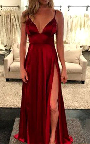 MACloth Spaghetti Straps V Neck Long Prom Dress Burgundy Formal Evening Gown