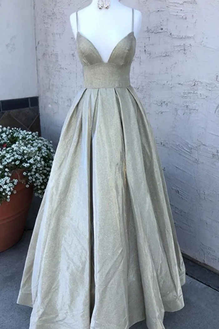 MACloth Spaghetti Straps V Neck Long Prom Dress Mocha Silver Formal Evening Gown