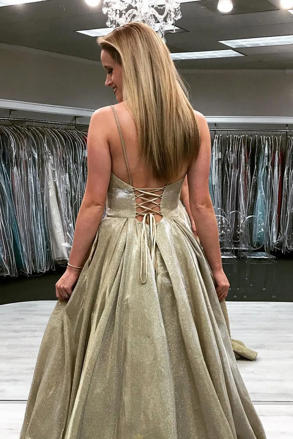 MACloth Spaghetti Straps V Neck Long Prom Dress Mocha Silver Formal Evening Gown