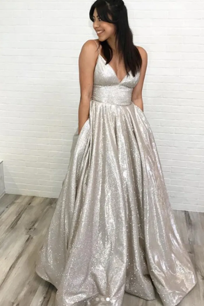 MACloth Spaghetti Straps V Neck Long Prom Dress Mocha Silver Formal Evening Gown