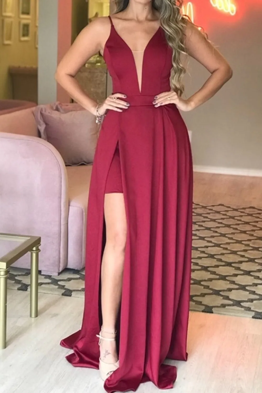MACloth Straps V Neck High Low Satin Burgundy Prom Dress Dark Navy Formal Evening Gown