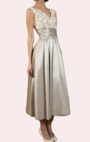 MACloth Straps V neck Lace Satin Midi Mother of the Brides Dress Ivory Formal Gown