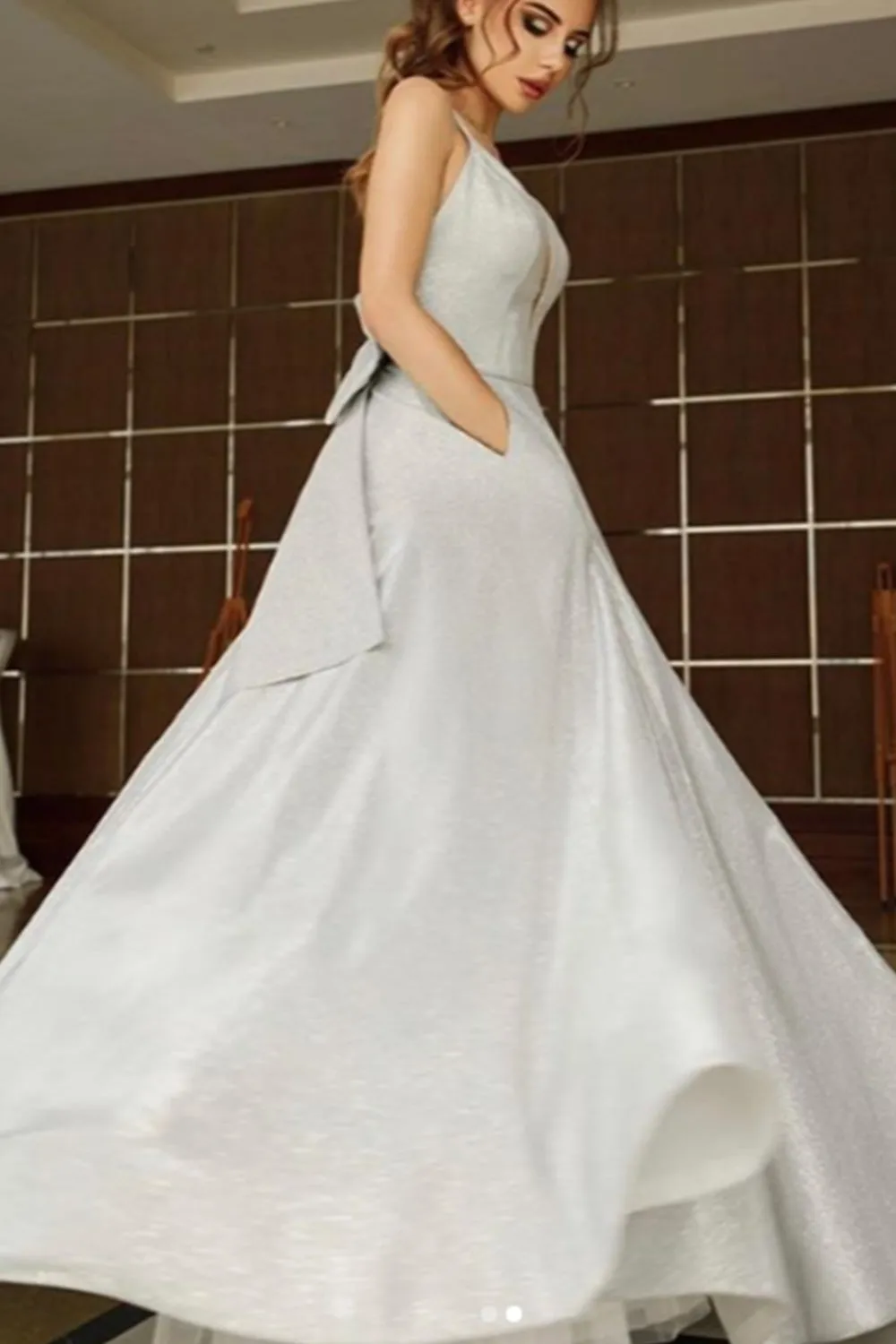 MACloth Straps V Neck Silver Long Prom Dress Formal Evening Gown with Bow