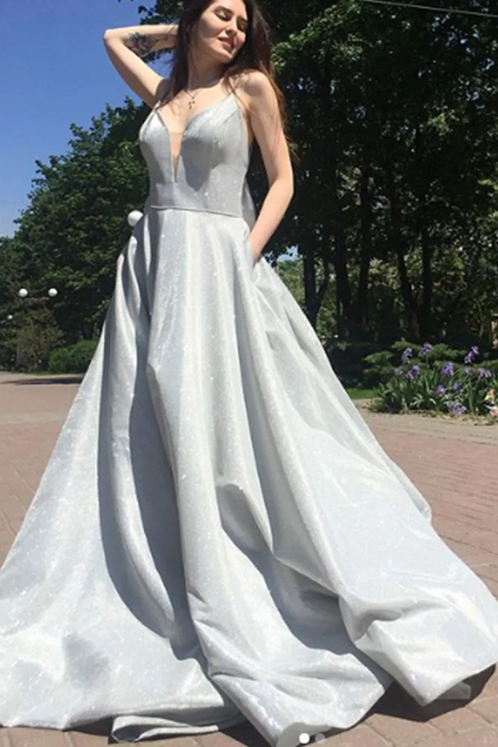 MACloth Straps V Neck Silver Long Prom Dress Formal Evening Gown with Bow