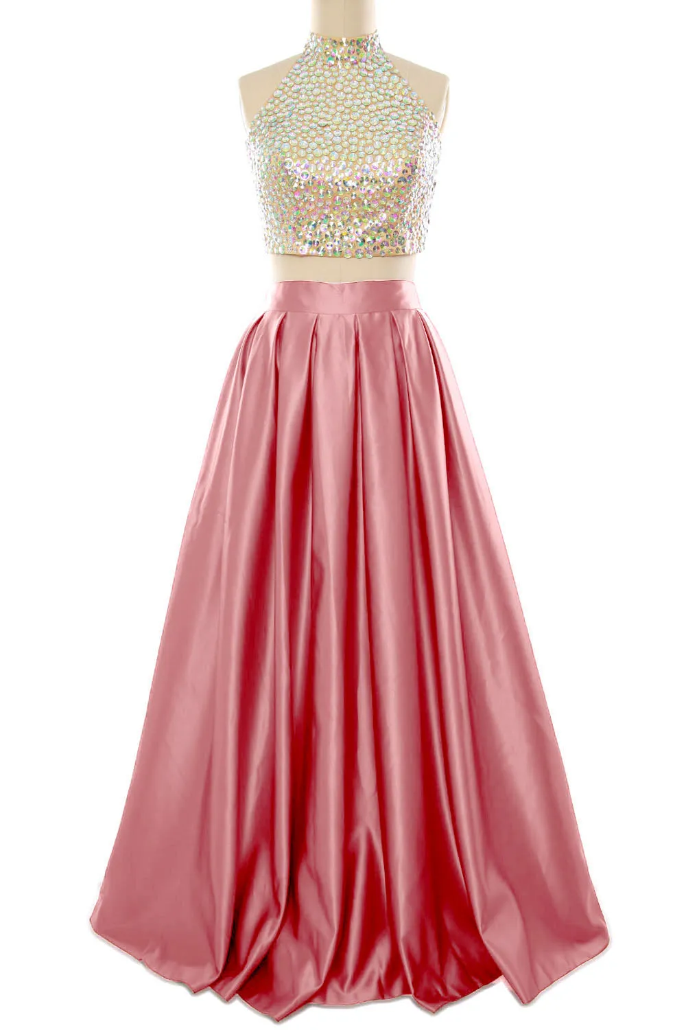 MACloth Women Two Piece High Neck Long Prom Homecoming Dress Evening Ball Gown