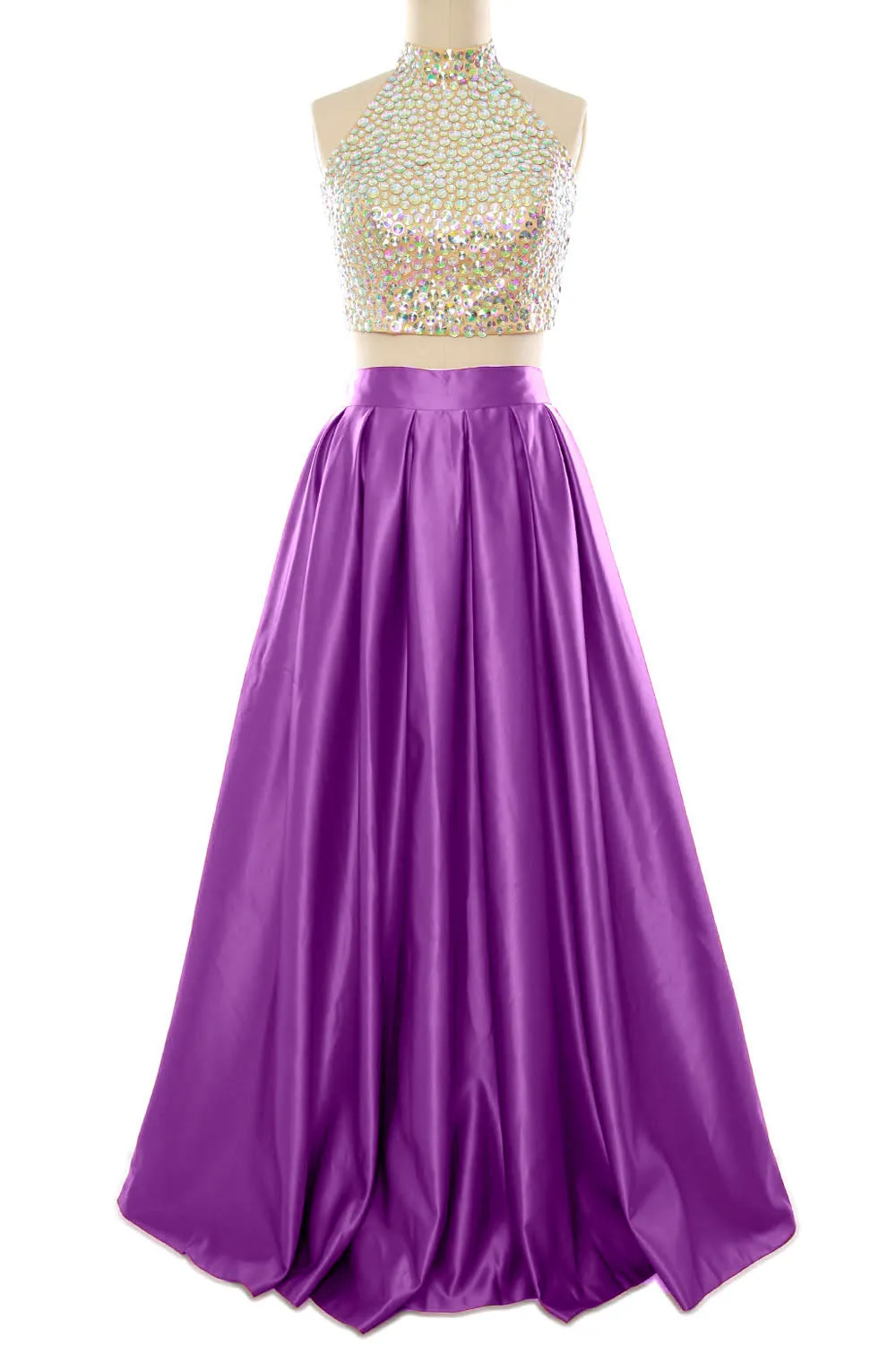 MACloth Women Two Piece High Neck Long Prom Homecoming Dress Evening Ball Gown