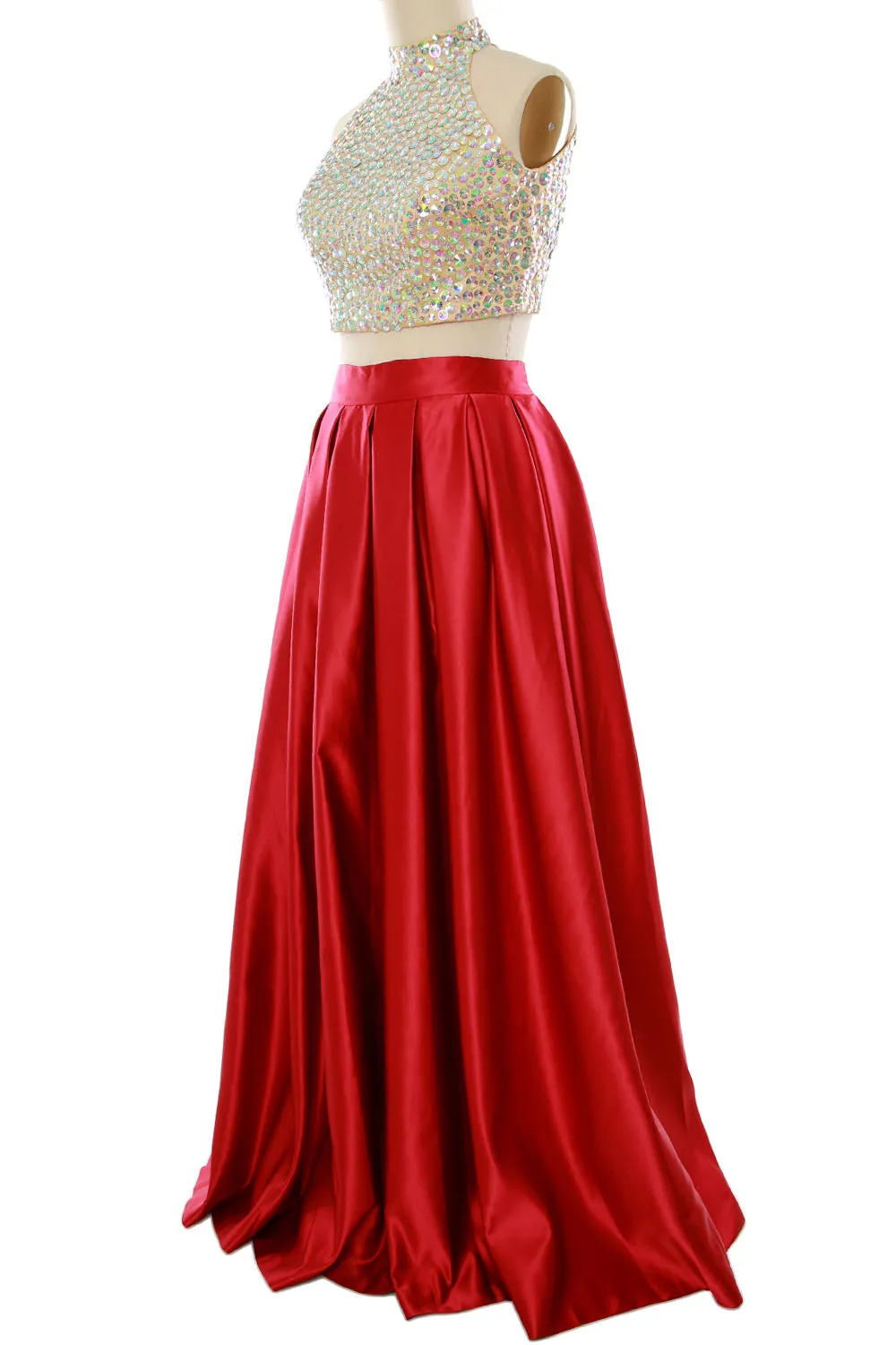 MACloth Women Two Piece High Neck Long Prom Homecoming Dress Evening Ball Gown