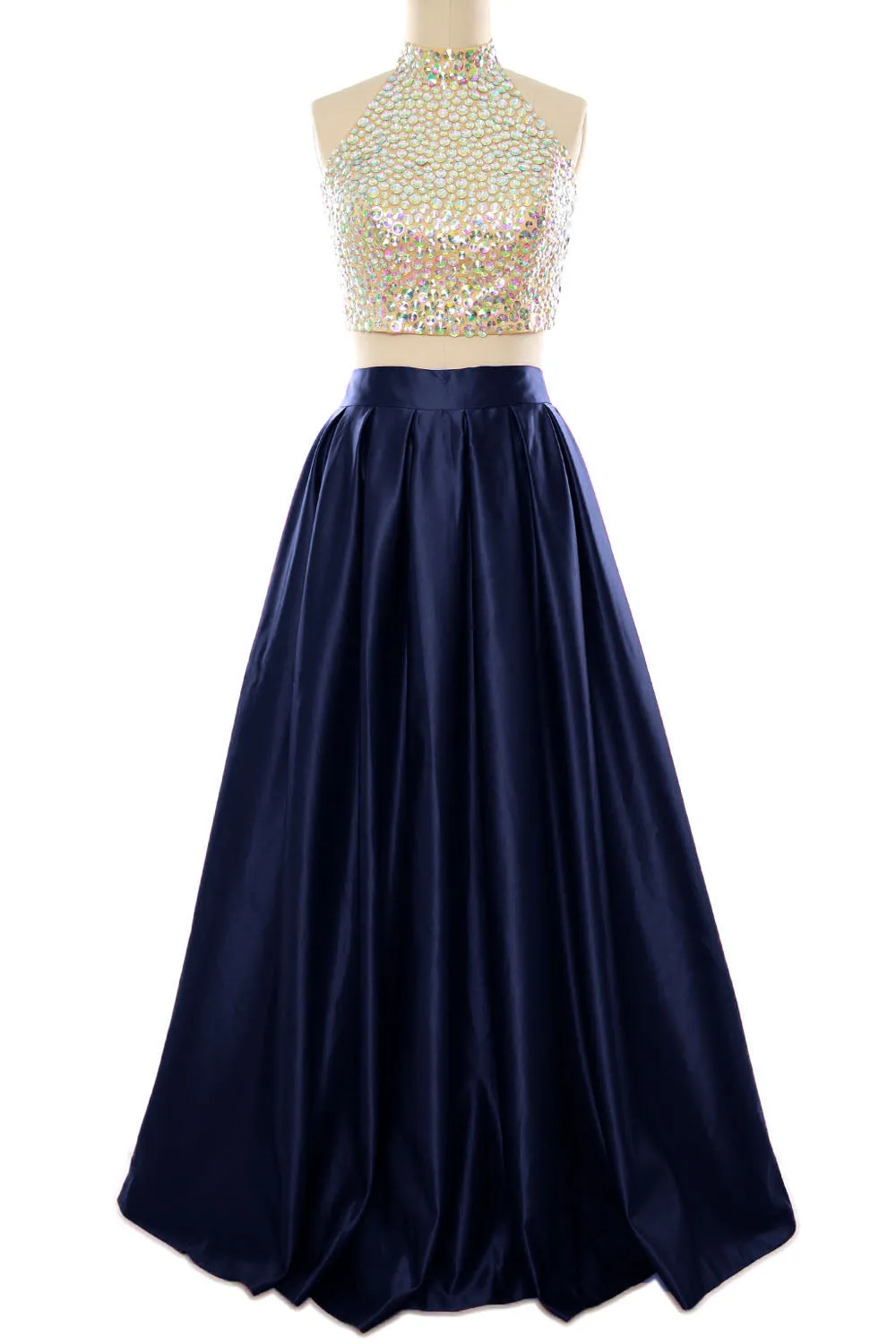 MACloth Women Two Piece High Neck Long Prom Homecoming Dress Evening Ball Gown