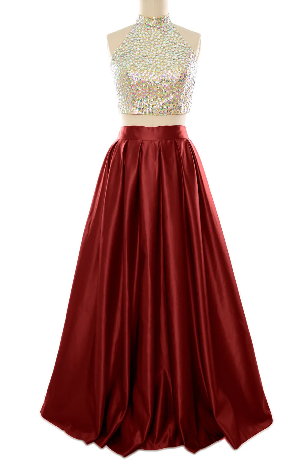 MACloth Women Two Piece High Neck Long Prom Homecoming Dress Evening Ball Gown