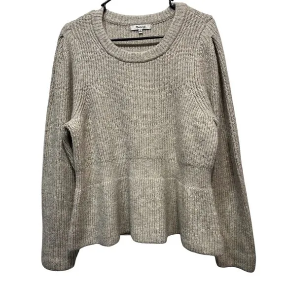 Madewell Women XL Peplum Pullover Sweater Beige Ribbed Knit Wool Acrylic