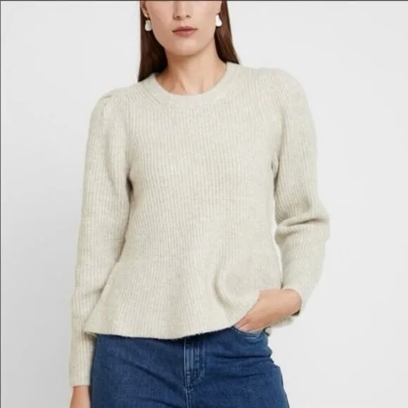 Madewell Women XL Peplum Pullover Sweater Beige Ribbed Knit Wool Acrylic