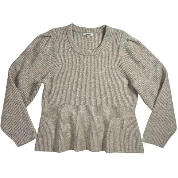 Madewell Women XL Peplum Pullover Sweater Beige Ribbed Knit Wool Acrylic