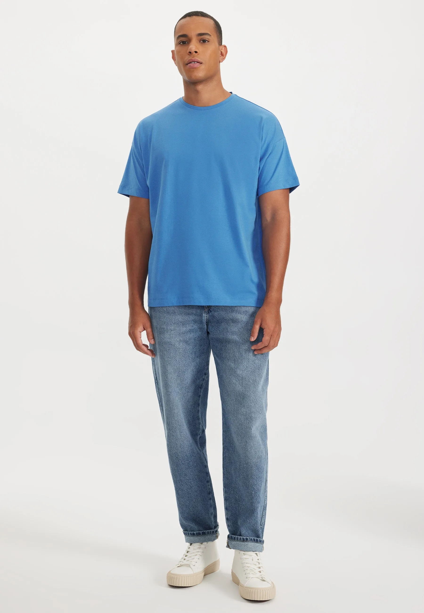 Mavi Bisiklet Yaka Oversize Fit Pamuklu Basic Erkek T-Shirt THOMAS