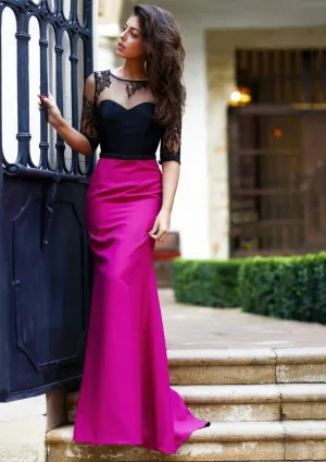 Mermaid Half Sleeve Open Back Black Lace Fuchsia Satin Evening Gown