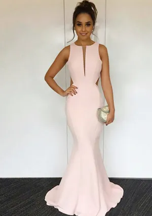 Mermaid Round Neck Sleeveless Open Back Pearl Pink Satin Evening Dress