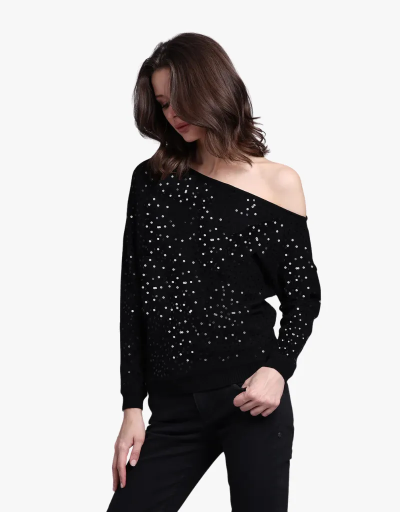Minnie Rose Viscose Sequin Off The Shoulder in Black