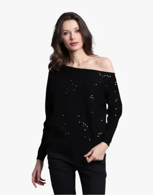 Minnie Rose Viscose Sequin Off The Shoulder in Black