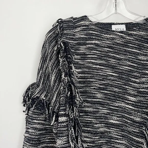Misa Los Angeles Black White Fringe Detail Knit Pullover Sweater X-Small XS