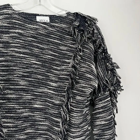 Misa Los Angeles Black White Fringe Detail Knit Pullover Sweater X-Small XS