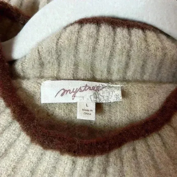 MYSTREE ROUND NECK RIBBED KNIT PULLOVER SWEATER BEIGE BROWN PIPING SIZE LARGE