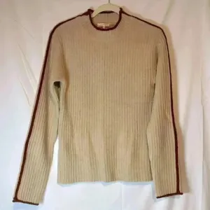 MYSTREE ROUND NECK RIBBED KNIT PULLOVER SWEATER BEIGE BROWN PIPING SIZE LARGE