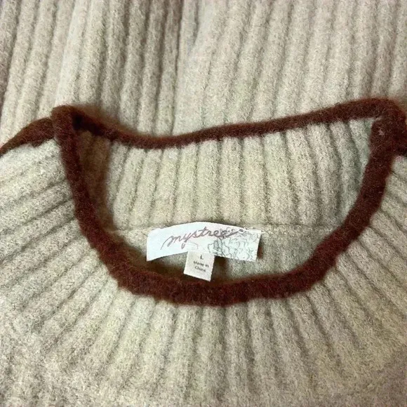 MYSTREE ROUND NECK RIBBED KNIT PULLOVER SWEATER BEIGE BROWN PIPING SIZE LARGE