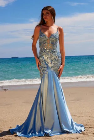 N E1532 - Sequin Embroidered Stretch Satin Mermaid Prom Gown with Sheer V-Neck Bodice & Scoop Back