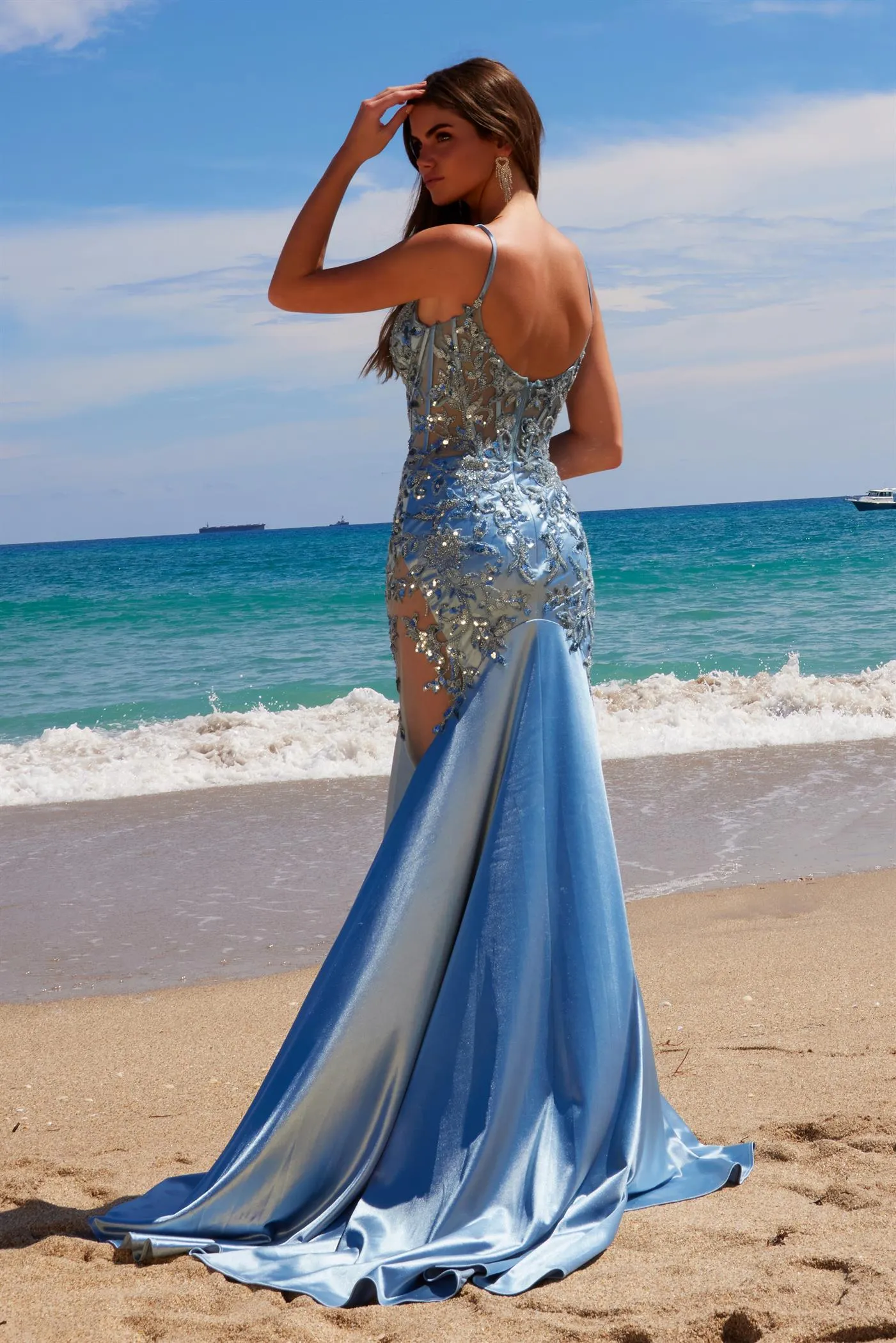 N E1532 - Sequin Embroidered Stretch Satin Mermaid Prom Gown with Sheer V-Neck Bodice & Scoop Back