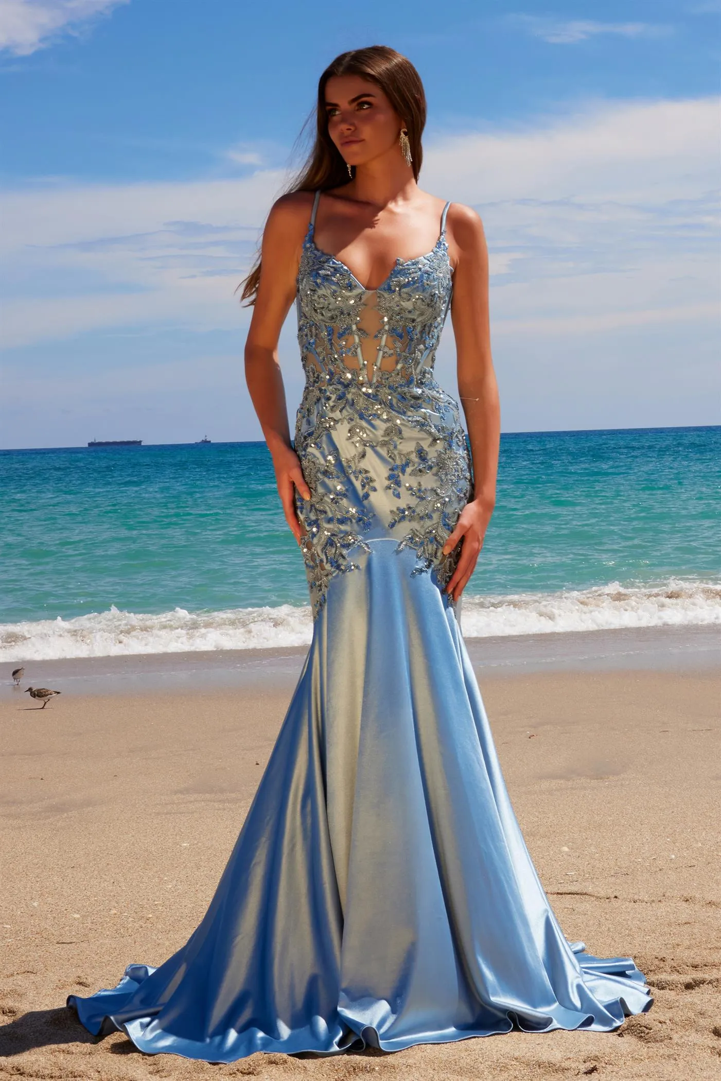 N E1532 - Sequin Embroidered Stretch Satin Mermaid Prom Gown with Sheer V-Neck Bodice & Scoop Back