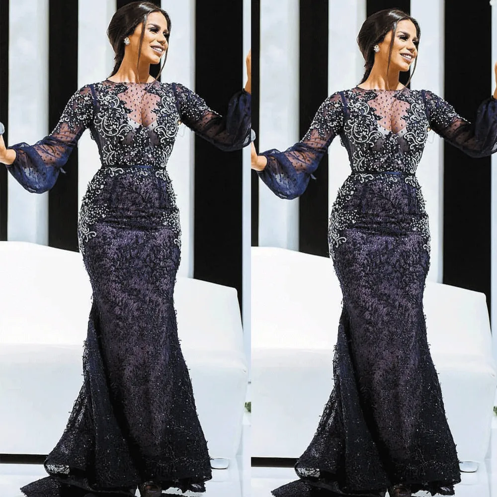 navy blue lace appliqué evening dresses 2020 mermaid beaded elegant modest evening gown long