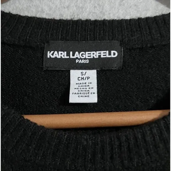NEW Karl Lagerfeld Women’s Sz S Pullover Sweater Black Ruffle “C’est La Vie” NWT