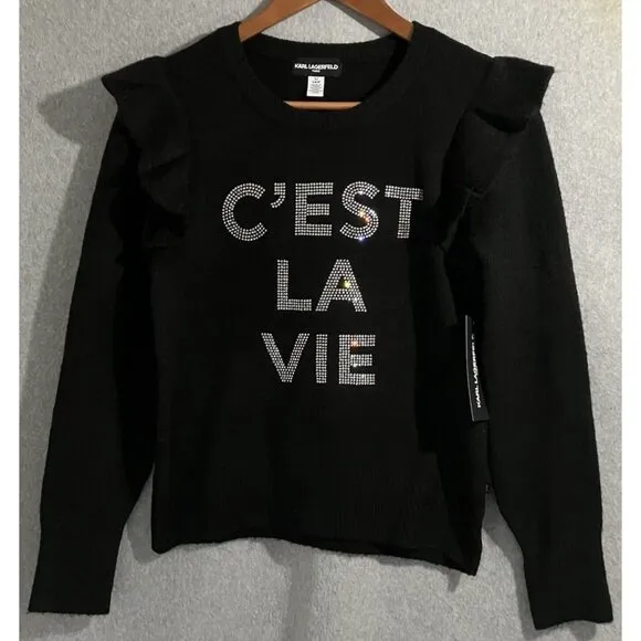 NEW Karl Lagerfeld Women’s Sz S Pullover Sweater Black Ruffle “C’est La Vie” NWT