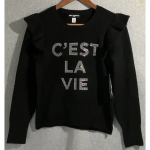 NEW Karl Lagerfeld Women’s Sz S Pullover Sweater Black Ruffle “C’est La Vie” NWT