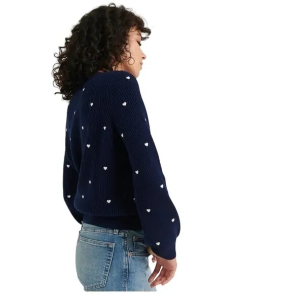 NEW Lucky Brand Crewneck Pullover Embroidered Heart Navy Sweater