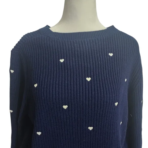NEW Lucky Brand Crewneck Pullover Embroidered Heart Navy Sweater