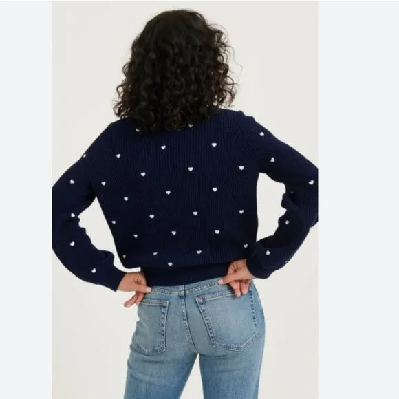 NEW Lucky Brand Crewneck Pullover Embroidered Heart Navy Sweater