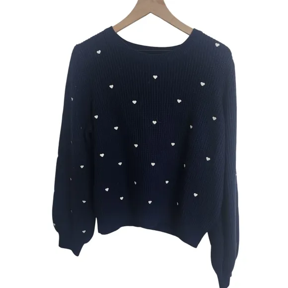 NEW Lucky Brand Crewneck Pullover Embroidered Heart Navy Sweater