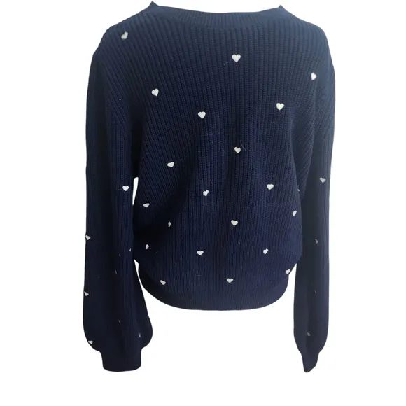 NEW Lucky Brand Crewneck Pullover Embroidered Heart Navy Sweater